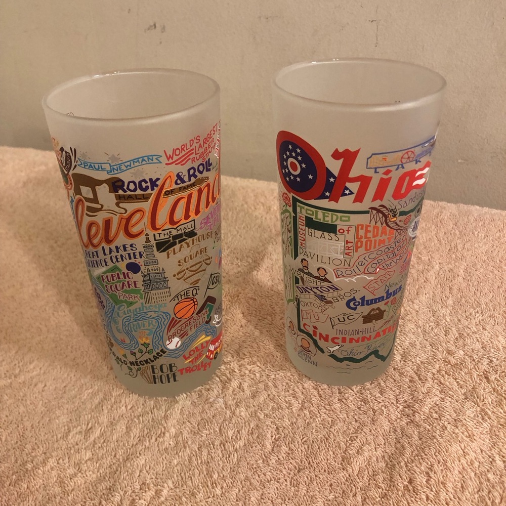 Lot of 2 6” Frosted Ohio & Cleveland Souvenir Glasses